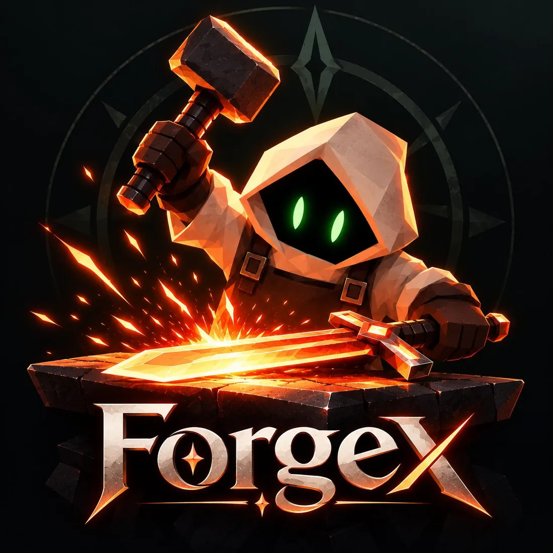 The hooded ForgeX smith raising a hammer over a glowing sword