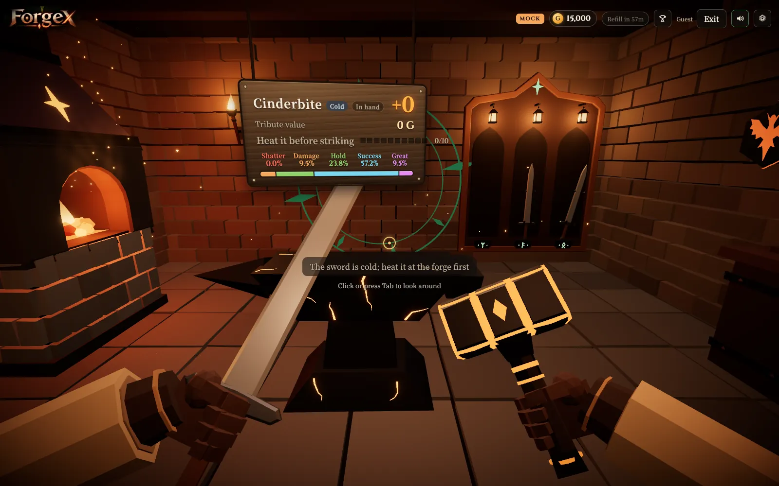 First-person forge room with the sword rack