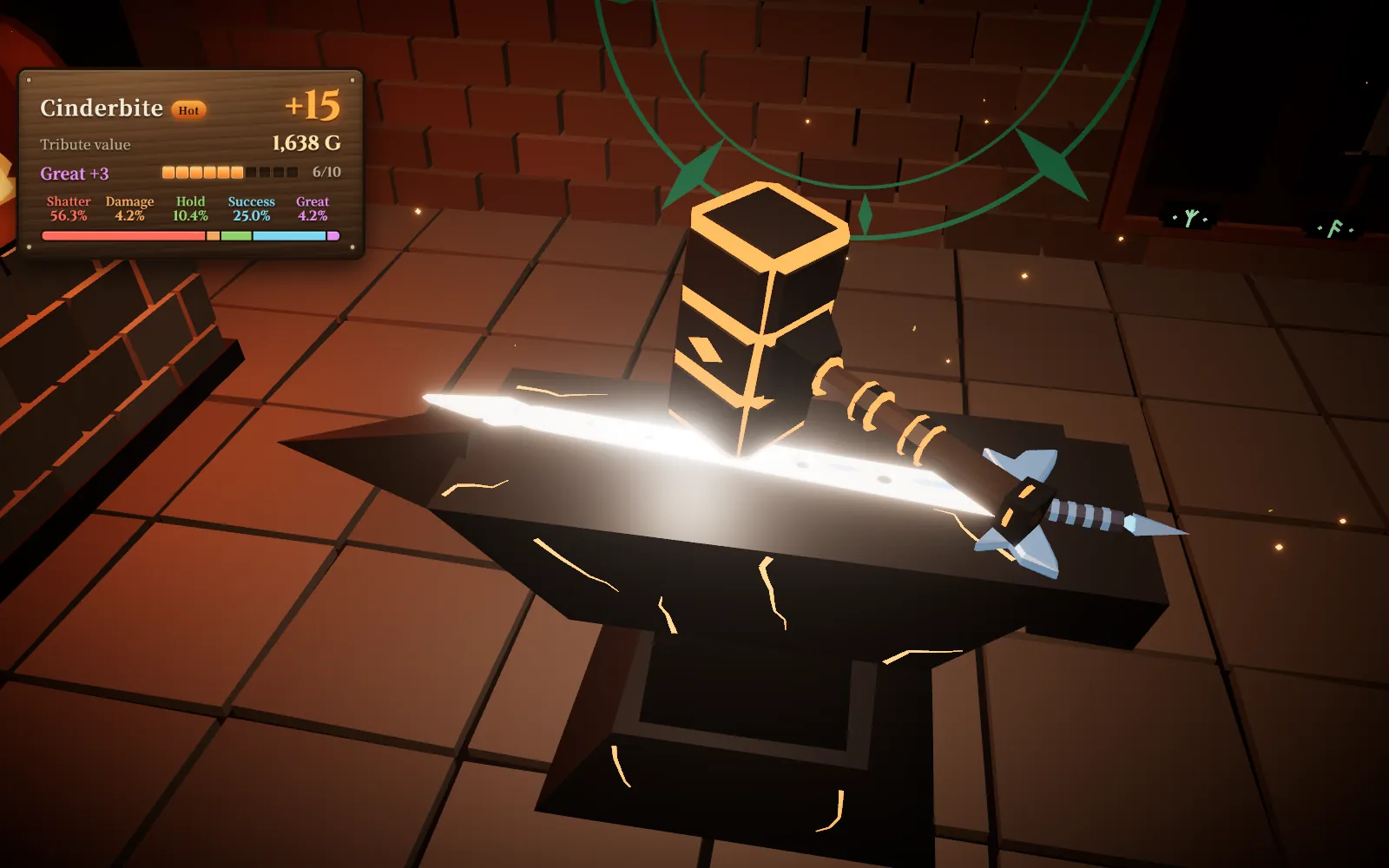 Sparks exploding as the hammer hits a glowing sword on the anvil